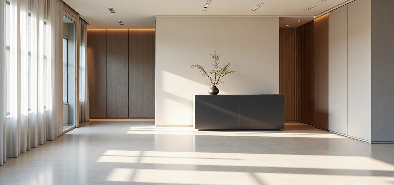 アトリエのモダンでミニマルなレセプションエリア