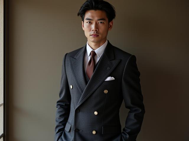 ダークグレーのビスポークスーツ、日本人モデル着用